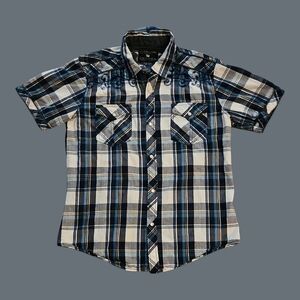 POP ICON CLOTHING y2k Plaid Embroidered Western Short Sleeve Snap Shirt